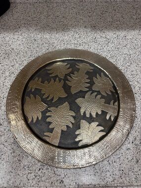 vintage etched brass serving tray featuring palm tree motifs